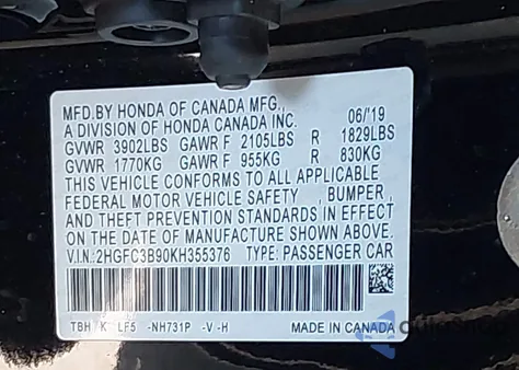 2019 Honda Civic Touring из США, поврежденный, VIN 2HGFC3B90KH355376